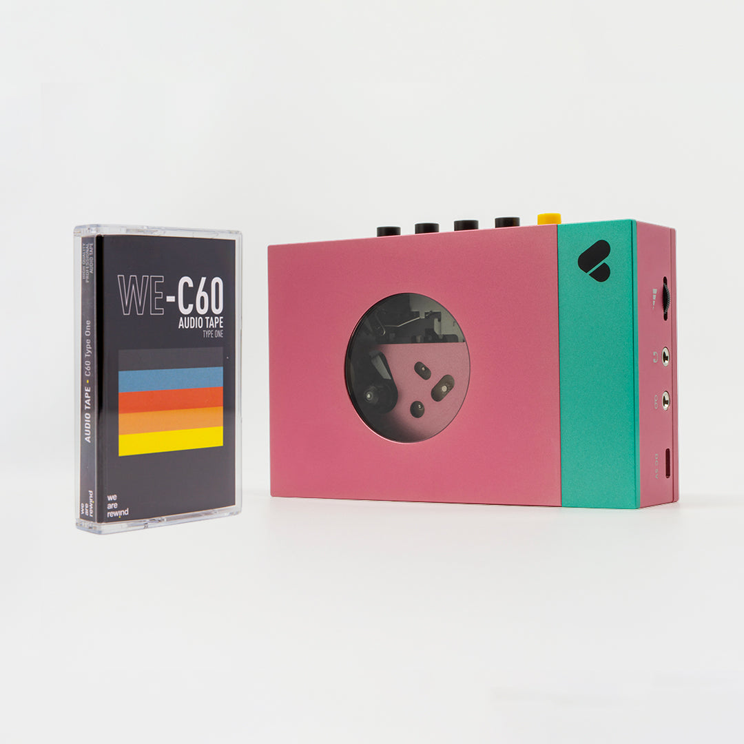 Pink-grüner Kassettenspieler + Bluetooth-Kopfhörer