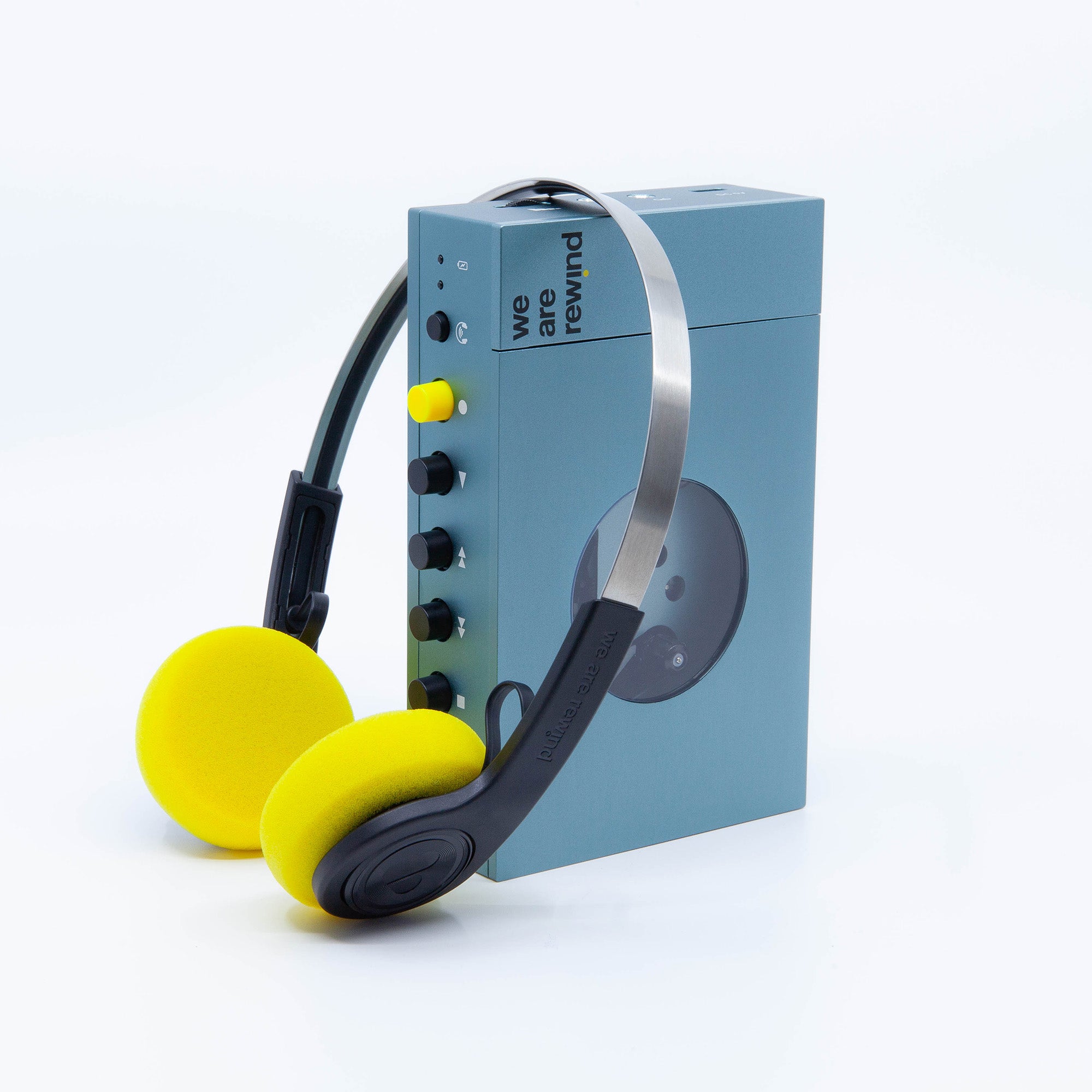 青いカセット プレーヤー + ワイヤレスヘッドフォン